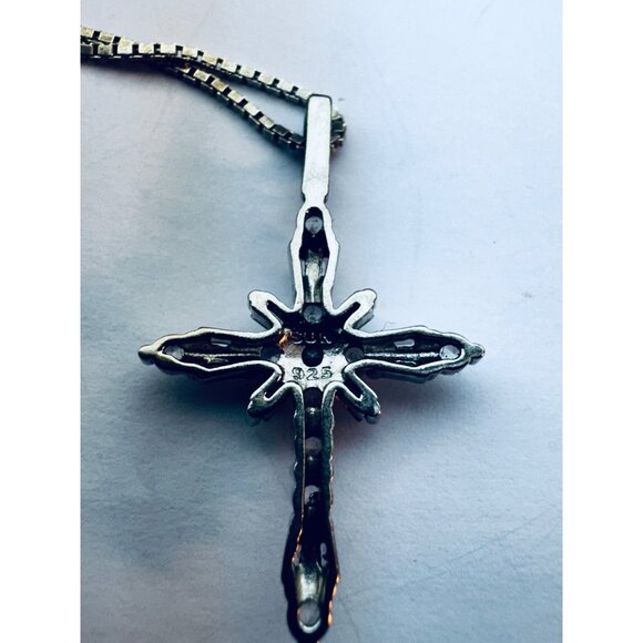 Sterling Silver 925 Cross Pendant Necklace w/ Clear Stones, 20” Chain Vintage - Picture 5 of 11